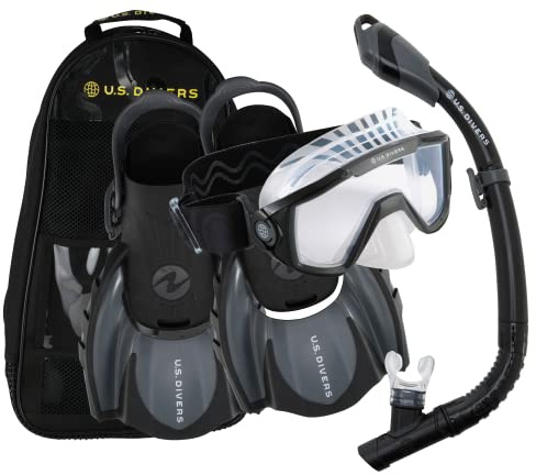 US.Divers Set Avila | Kit de Plongée Masque Palmes et Tuba avec purge pour Adulte Protection UV Verres Anti-buée Anti-fuite Randonnée Aquatique Snorkeling Homme Femme Masque Silicone Palmes réglables