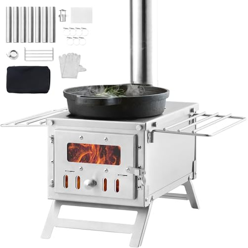 VEVOR Stufa a Legna, 80 pollici, Stufa per Tenda da Campeggio in Acciaio Inox, Stufa a Tenda Calda con focolare da 700 pollici³ per Cucinare all'aperto e Riscaldamento con 8 Tubi