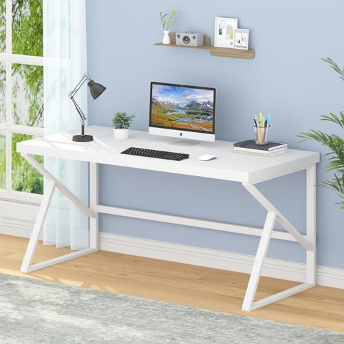 HSH Industrial Home Office Computer Desks, Farmhouse Metal and Wood Desk Computer Table, Simple Bedroom Laptop PC Desks for Student Writing Study Gaming Executive Workstation, White, 150cm