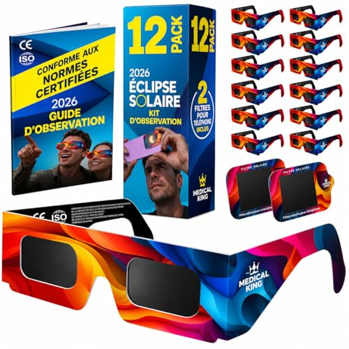 Lunettes Eclipse Solaire 2026 – Lot de 12 Paires Premium avec 2 Filtres Solaires pour Smartphone, Lunettes Eclipse Solaire ISO 12312-2, Certifiées CE, Protection des Yeux pour l'Observation du Soleil