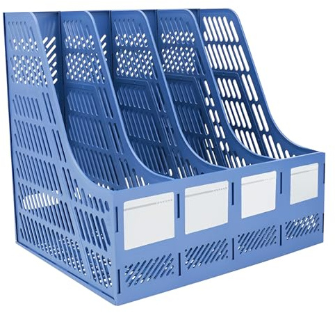 Elezeal Magazine File Holder, Sturdy HIPS Plastic 4 Vertical Book Organiser with Hollow Design, Durable A4 Desktop File Rack Document Storage Magazine Folder Holder for Office, School, and Home - Blue
