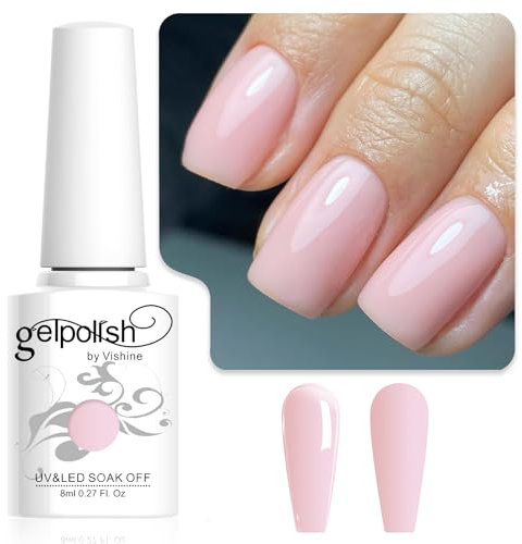 Vishine 8ml Vernis Gel Semi-Permanent Transparent Milky Pink Rose Clair Vernis à ongles Naturelle Rose Laiteux Transparent Gelée de Cristal Soak Off UV LED