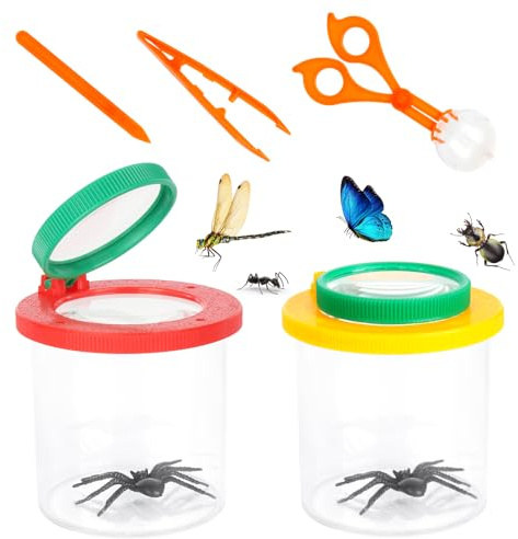 CLIUNT Caja De Insectos De Aumento, 2PCS Caja de Observación de Insectos Niños, Juego de lupas para niños con Tijeras e Pinzas para Exterior, Ciencia, Naturaleza, exploración