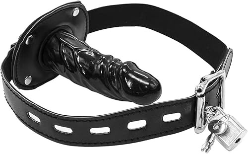 Lockable Dildo Mouth Gag SM Realistic Black Silicon Penis Gag Adjustable Leather Strap On with Lock Adult Sex Toy Sex Toys for Couples (Black, Long)