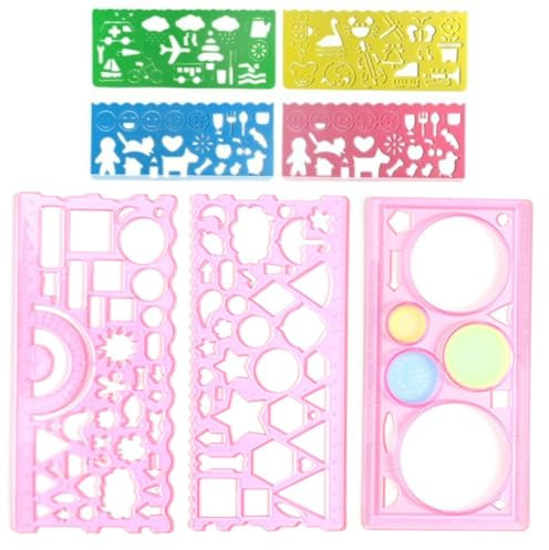 Multifunktionella geometriska linjaler set med 7, plast ritlinjal, geometrisk linjal, geometrisk ritning linjal i plast, för studenter och designentusiaster. (rosa)