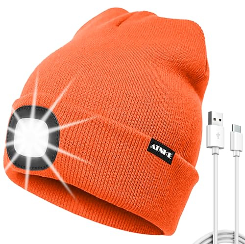 ATNKE LED-upplyst mössa hatt, USB typ C uppladdningsbar 4 LED löpning pannlampa ultralätt keps med lätta händer fria pannlampa vinter varm stickad gåvor för män och kvinnor, Ljus orange, one
