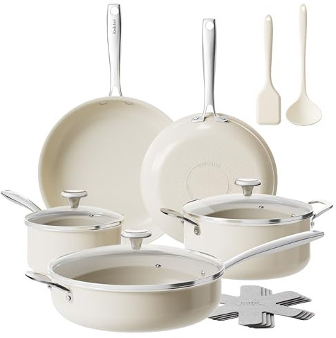 Redchef Pfannenset 14-Teilig, Keramikpfanne mit Deckel Antihaft Beschichtung, Bratpfannen Topfset Induktion mit Edelstahlgriff, PTFE-frei PFOA-frei PFAS-frei, Backofenfest, Spülmaschinenfest