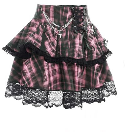 Gothic Street Sexy Bandage Rüschen Stufenrock Frauen Hohe Taille Solide Criss Cross Tie Up A-Linie Minirock Faltenröcke, pinkes Karomuster, S