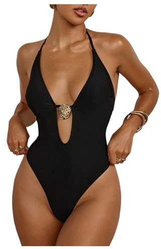 Milumia Women's One Piece Metal Cut Out Halter Swimsuit Sexy Deep V Neck Open Back Swimwear Black Medium