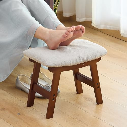 Wieghda Foot Stool,Under Desk Foot Rest Ottoman, Washable Stool for Office, Living Room, Bedroom (Brown Legs-Beige Stool Seat)