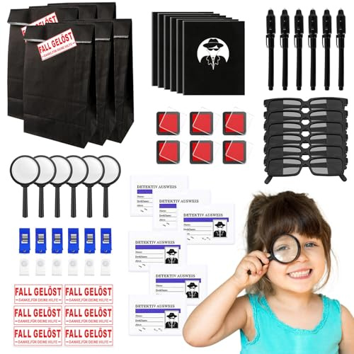 Lot de 48 pièces de détective pour enfants, kit de cadeau d'anniversaire d'enfant, lunettes d'agent, stylo secret, carnet, loupe, carte de détective, tampon encreur à empreintes digitales, remplissage