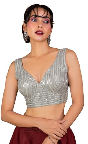 FIGURE'S DESIGNER Women's Sequin Embroidered SabyaSachi Cut Sweetheart V Neck Sleeveless Readymade Saree Blouse E30