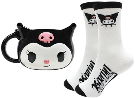Blue Sky Studios Kuromi 3D Mug & Sock Set, 350 ml Porcelain Mug, Size 4-7 Kawaii Socks, Gift Set for Girls, Hello Kitty & Friends