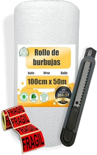 MARCPRINT Rollo Burbuja Embalaje 100 cm x 50 m con Cutter y Pegatinas de Fragil – Papel Burbuja para Mudanzas y Envíos – Plástico de Burbujas Protector Antigolpes – Embalaje Profesional Reutilizable