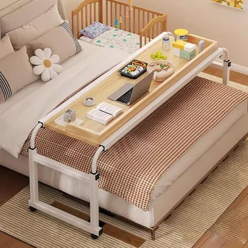 GUAWJRZDP Table de Lit Extensible avec roulettes, Bureau pour Lit King-Size, Table pour Ordinateur Portable, Au-Dessus du Lit de Nourriture Table avec Panneau de Séparation(Natural,L 140CM/55.1IN)