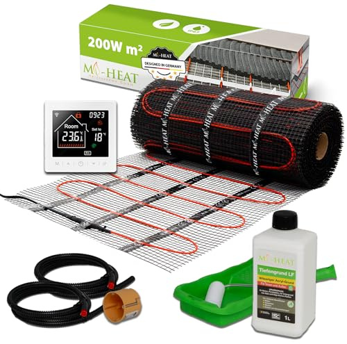 Mi-Heat Elektrisk golvvärme, 200 W/m², 1,5 m², set för golvvärme, värmematta, utjämningsmassa, för kakel, vinyl, parkett och laminat – med termostat M2 WiFi, vit