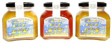 Apicoltura Castel Belfort - Pack da 3x250gr Mieli di Eucalipto, Millefiori, Girasole 100% Italiano, Lavorato a Freddo, Artigianale, Ideale per Merende, Formaggi e Dolci,