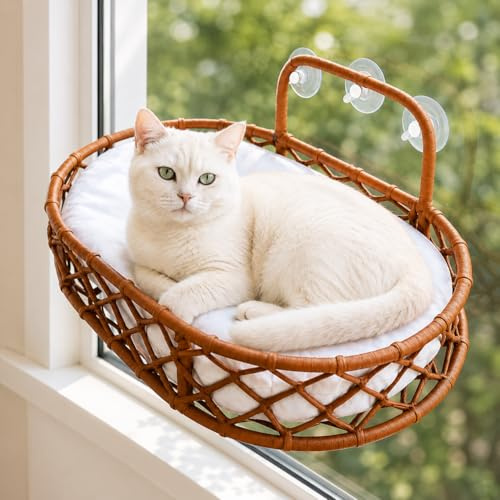 Tumbona para gatos con ventosas, hamaca trenzada a mano para ventanas y cristal, acogedor lugar de descanso para gatos (marrón)