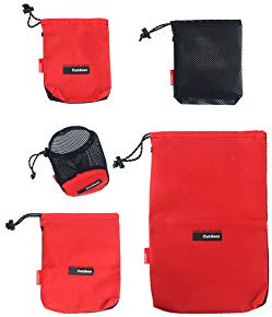 Nylon 5-Piece Drawstring Pouch Set - Mesh Stuff Sacks, Ditty Bags & Cord Bags for Camping, Travel & Storage (Red)