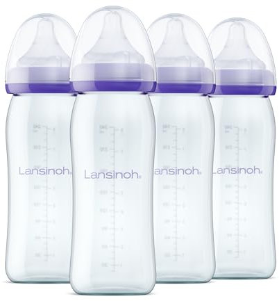 Lansinoh Laboratories Inc. UK Biberon en verre avec tétine à débit moyen (4 x 240 ml) réutilisable en verre
