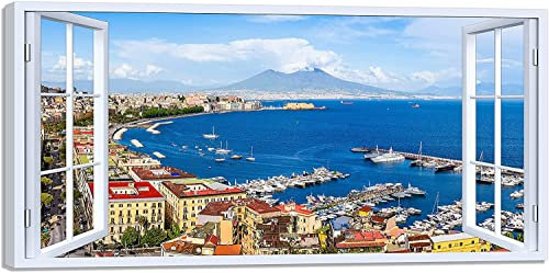 LuxHomeDecor Quadro finestra golfo di Napoli vesuvio Stampa su Tela con Telaio in Legno Arredamento Arte Arredo Moderno (120x60 cm)