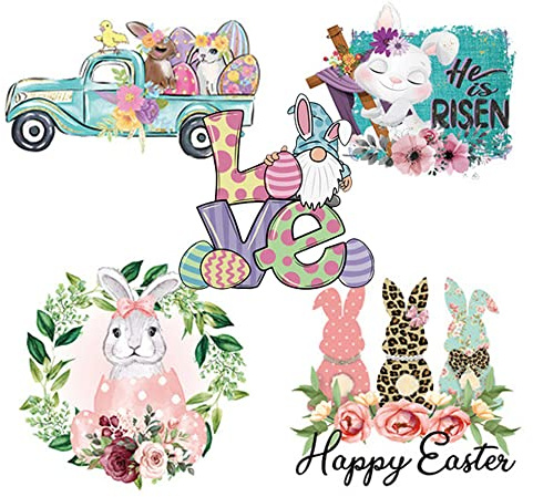 Rabbit Iron On Heat Transfer Stickers Flowers Easter Eggs Bunnies Decal Patches for Jeans T-Shirt Jackets Backpacks and Pillows Art Decorations