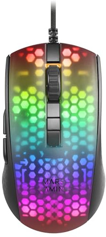 Mars Gaming MMR svart, mus gaming RGB krom, genomskinlig struktur ultralätt 58 g, 12800 DPI, switchmekanik HUANO