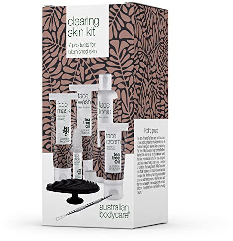 Ein 7-teiliges Set für die tägliche Pflege bei verstopften Poren und unreiner Haut | Gesichtsreinigung, Skin Tonic, Gesichtscreme, Pickel Stick, Gesichtsmaske, Mitesserentferner und Gesichtsbürste