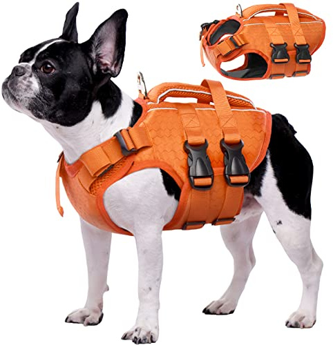Kuoser M Hundeschwimmwesten für kleine, mittelgroße und große Hunde, verstellbare Warnjacke mit Rettungsgriff, Ripstop-Schwimmweste, Haustier-Lebensretter, Welpen-Badeanzüge, Schwimmbad, Orange
