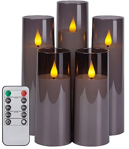 IMAGE Flackernde flammenlose Kerzen batteriebetrieben, Acryl Shell Pillar 3D Docht LED-Kerzen mit Timer für Hochzeit Weihnachten Home Decor Set von 5 (D2,3 in X H5 5 7 7 8 in), grau