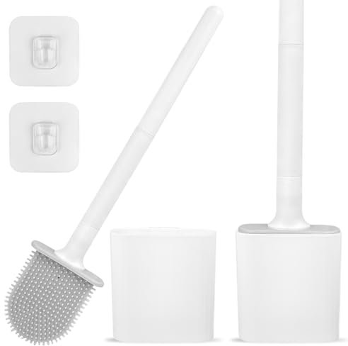 Frevoitna 2 Piezas Escobilla Baño Silicona Independiente/Montada en la Pared, Escobillas de Baño con Soporte, Cepillo WC Blanca para Baño Esquinas y Espacios Pequeños Entre Aseos y Paredes