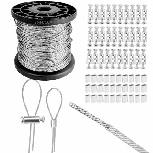 3mm Wire Rope with PVC Coated Set 50m, 304 Stainless Steel Heavy Duty Wire Cable, Garden Wires Cable, 7x7 Strand Core, with 60 Pcs Crimping Clamps Loop Sleeve
