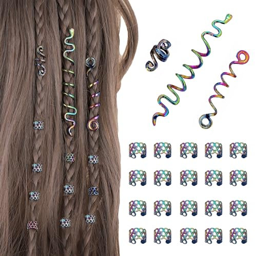 XCSJ 23Pcs Dreadlock Schmuck Haarspiralen Clips Haar Geflecht Ringe, Verstellbar Metall Cuffs Haar Dreadlocks Zubehör Manschetten Haarschmuck Set Haarspiralen Dreadlocks für Männer und Frauen (A)