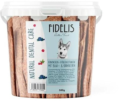 Fidelis - Vitalkaustange Kaninchen mit Blaubeere & Kranbeere – Zahnpflege Snacks für Hunde 500g-Eimer – Luftgetrocknet aus 100% natürlichen Rohstoffen - Hunde Leckerli als Snack zur Zahnhygiene