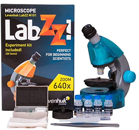 Levenhuk LabZZ M101 Azure STEM Microscopio per Bambini con Zoom 640x, Luce a LED, Kit Scientifico Giocattolo Portatile di Vetrini Preparati, Strumenti di Laboratorio, Guida con Esperimenti (IT)
