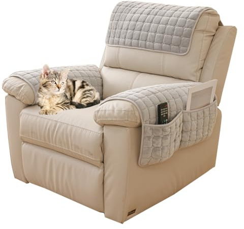 Sofa Armrest Cover, Nonslip Armchair Cover for Arms Headrest, Sofa Slipcover with Side Pocket Furniture Protector for Pets Leather Sofa Couch (Grey, 1 Seat Recliner)