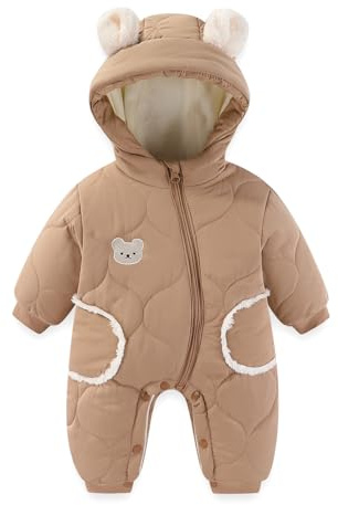 JiAmy Baby Snowsuit Winter Romper Hooded Boys Girls Jumpsuit Bear Thick Windproof Infant Newborn Clothes 3-6 Months Brown