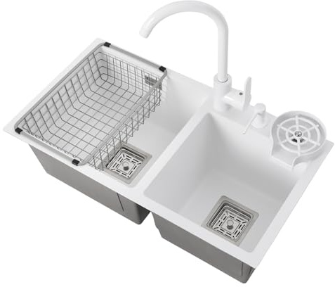 Diskbänk, vit, diskbänk med 360° vridbar varm- och kallvattenkran, droppkorg tvåldispenser dubbel handfat inbyggd diskbänk rostfritt stål diskbänk 71 x 38 x 21 cm