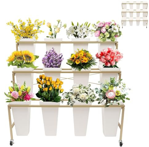 Blumenständer, 3-lagiger Pflanzenständer aus Metall mit 12 Eimern, beweglicher Pflanzenständer aus Metall, Blumenkarre, Pflanzenkarre-Regal für drinnen, draußen, Terrasse, Garten, Wohnzimmer, Florist(