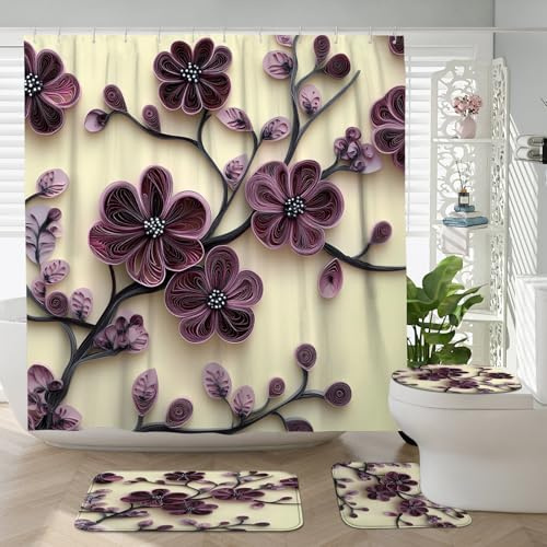 DESIHOM 4PCS Paper Quilling Plum Bossom Shower Curtain Sets with Non-Slip Rug, U Shape and Toilet Lid Cover Mat, Art Floral Home Decor, Bathroom Accessory with 12 Hooks