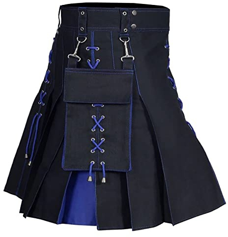 Mens Kilt Utility Scottish Traditional Highland Dress Pleated Buckle Straps Kilts with Pockets Vintage Gothic Pleated Skirts Medieval Steampunk Cargo Skirt Punk Checked Fancy Dress Carnival Costume