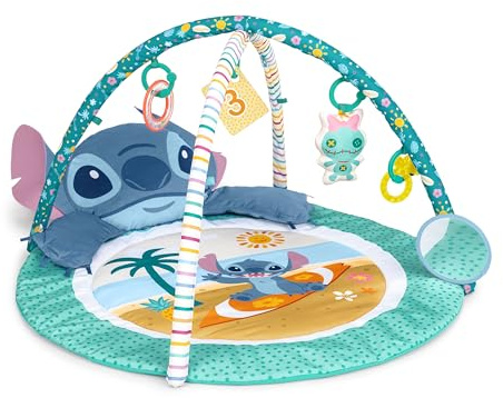 Bright Starts Disney Baby Gimnasio de Actividades Party in Paradise de Stitch, con cojín para el Tiempo Boca Abajo y 5 Juguetes portátiles, Desde recién Nacidos