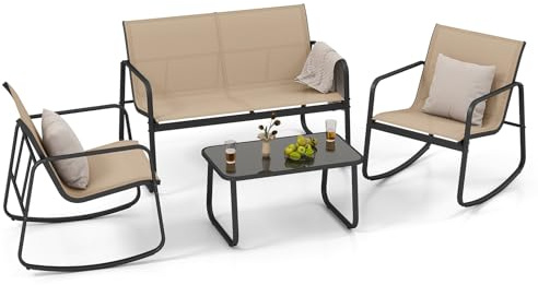 COSTWAY Set da Giardino 4 Pezzi in Tessuto Textilene, Set da Bistrò da Patio, Tavolo e Sedie con Tavolino in Vetro, 2 Sedie e Divanetto a Dondolo, per Giardino Coltile Terrazza (Marrone)
