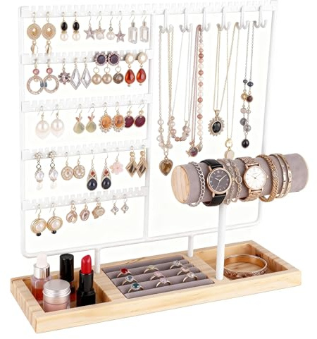 Ciormis Jewelry Stand Holder, 5 Tier Earring Holder Organizer with 72 Holes and 12 Hooks Jewelry Tower Necklace Tree Stand Hanger Bracelets Holder Storage with Ring Tray for Women Girls Gift (White)