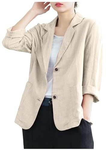 Generisch Blazer Femme Lin Coton et Lin Veste Mince Vêtements d'extérieur Printemps et Été Décontracté Couleur Unie Revers Manches Longues Boucle Blazer Costume Blazer Léger