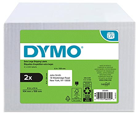 DYMO Authentic LW Extra-Large Shipping Labels for LabelWriter Label Printers, White, 4'' x 6'', 2 Rolls of 220 (440 Total)