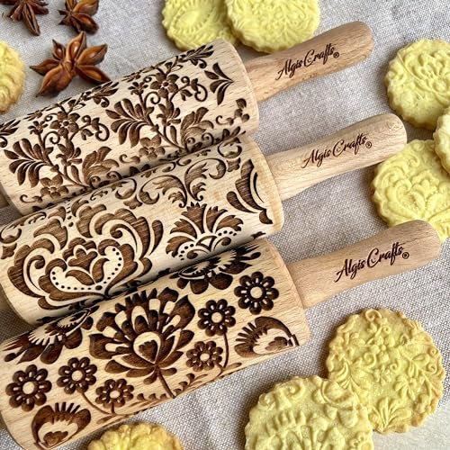 BLUMEN 3-er SET Kinder Nudelhölzer Teigrolle mit DAMASK, FOLK und TANZEN BLUMEN Muster. Nudelholz mit muster von Algis Crafts