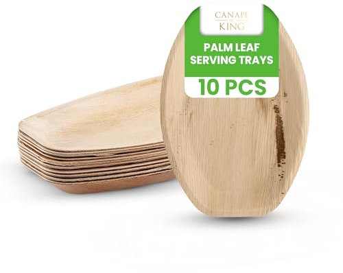 Canape King 10x Disposable Palm Leaf Serving Trays - Oval Large (34 x 23 cm) Wooden Serving Platters - 100% Biodegradable and Eco-Friendly Charcuterie Board for Wedding, Party & Picnic