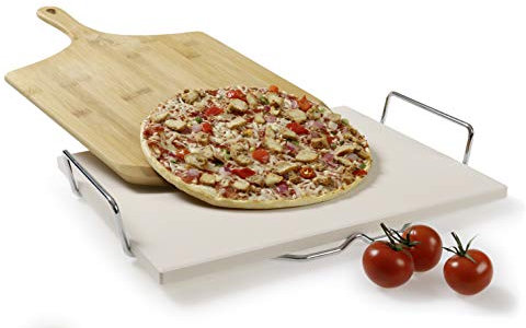 Pierre à pizza en cordierrite 38 x 29 x 1,5 cm avec support en métal, roulette à pizza et pelle à pizza en bambou pour pizza et tartes flambées