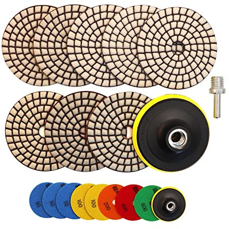 HIGHDRIL Diamante Lucidatura Pad - 8pcs (#50x3/100x2/200/400/800) 100MM con supporto in plastica+adattatore M14 Granito Pietra Marmo Pavimento Kit Pad Lucidatura per Trapano Smerigliatrice Lucidatrice